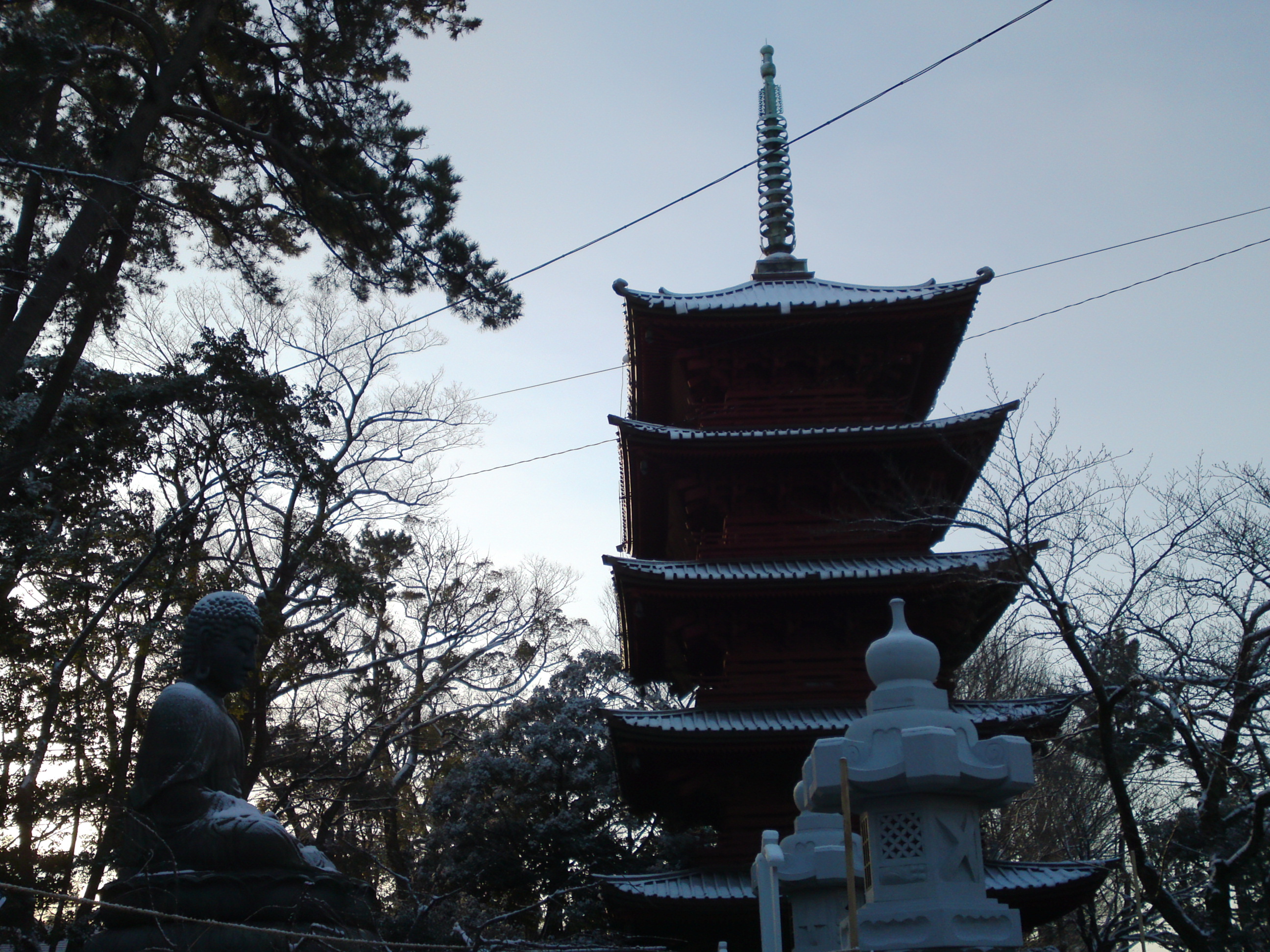 2019年朝焼けに色づく法華経寺の雪景色７