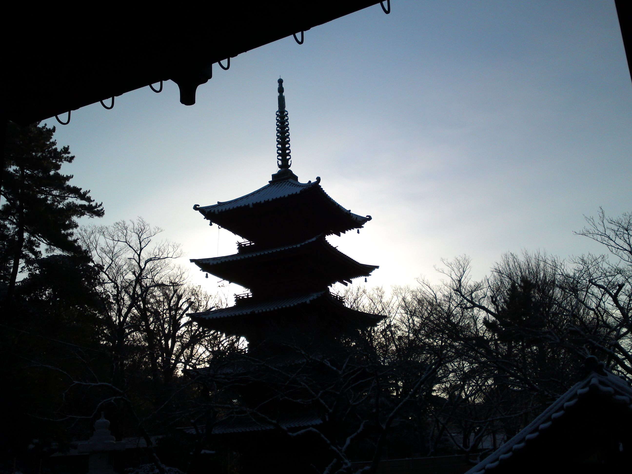 2019年朝焼けに色づく法華経寺の雪景色１１