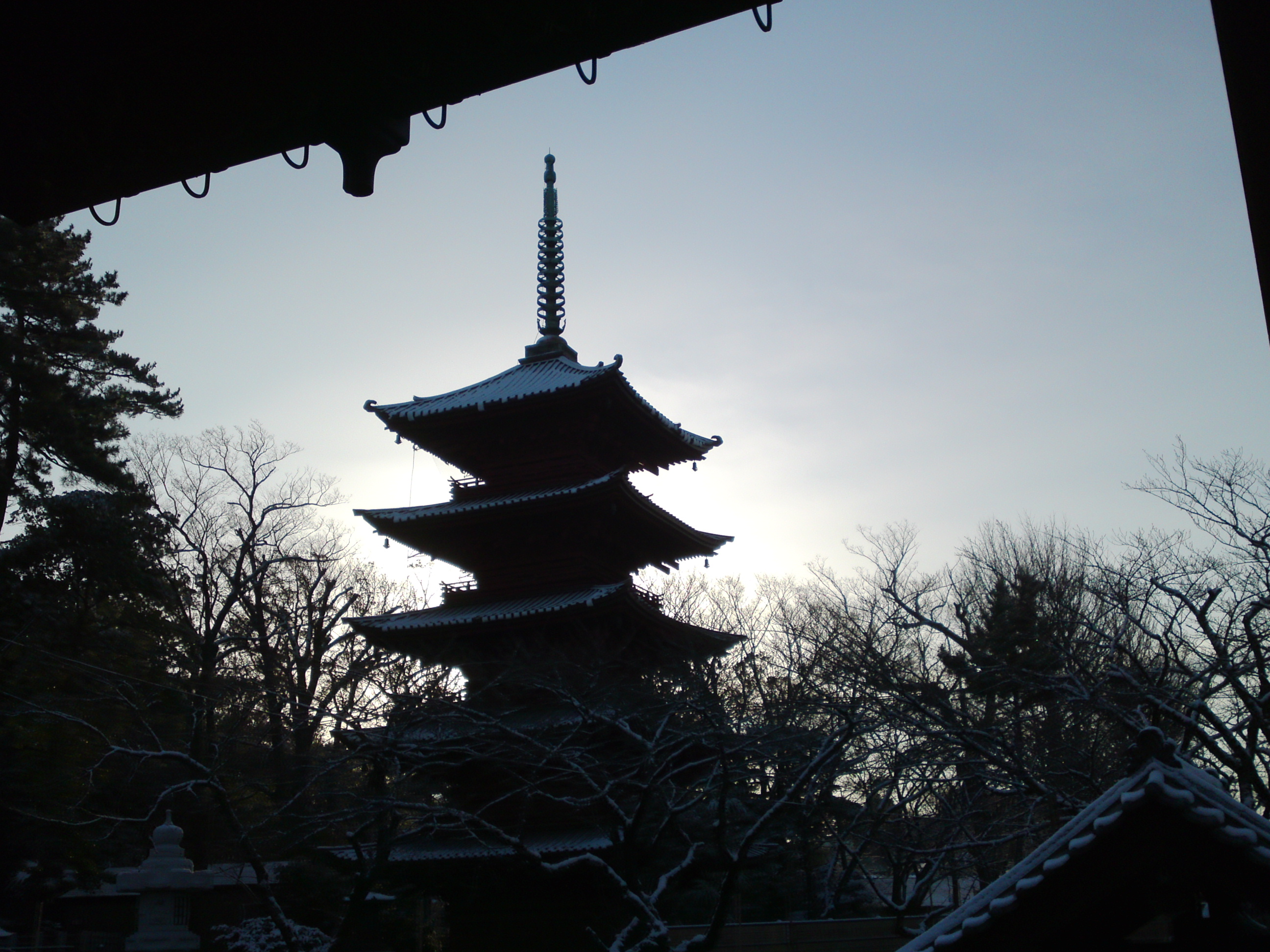 2019年朝焼けに色づく法華経寺の雪景色１２