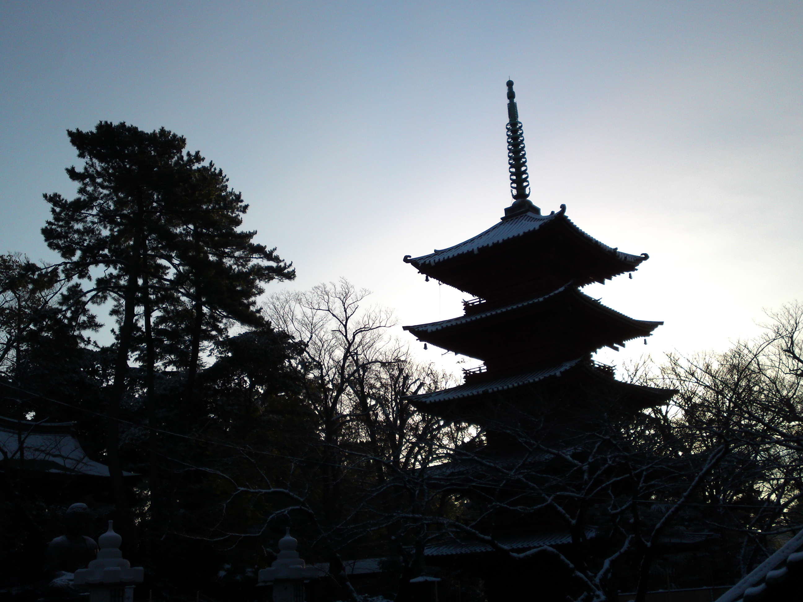 2019年朝焼けに色づく法華経寺の雪景色１６
